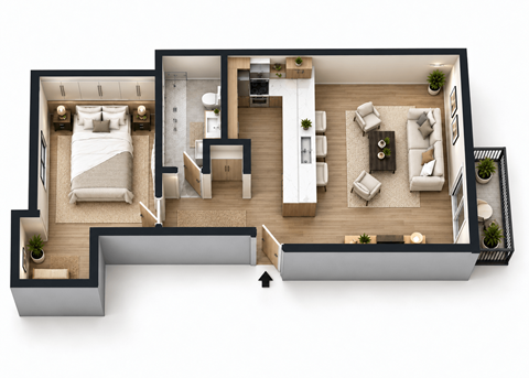 Floor plan for 1 bed, 1 bath, 750 sqft